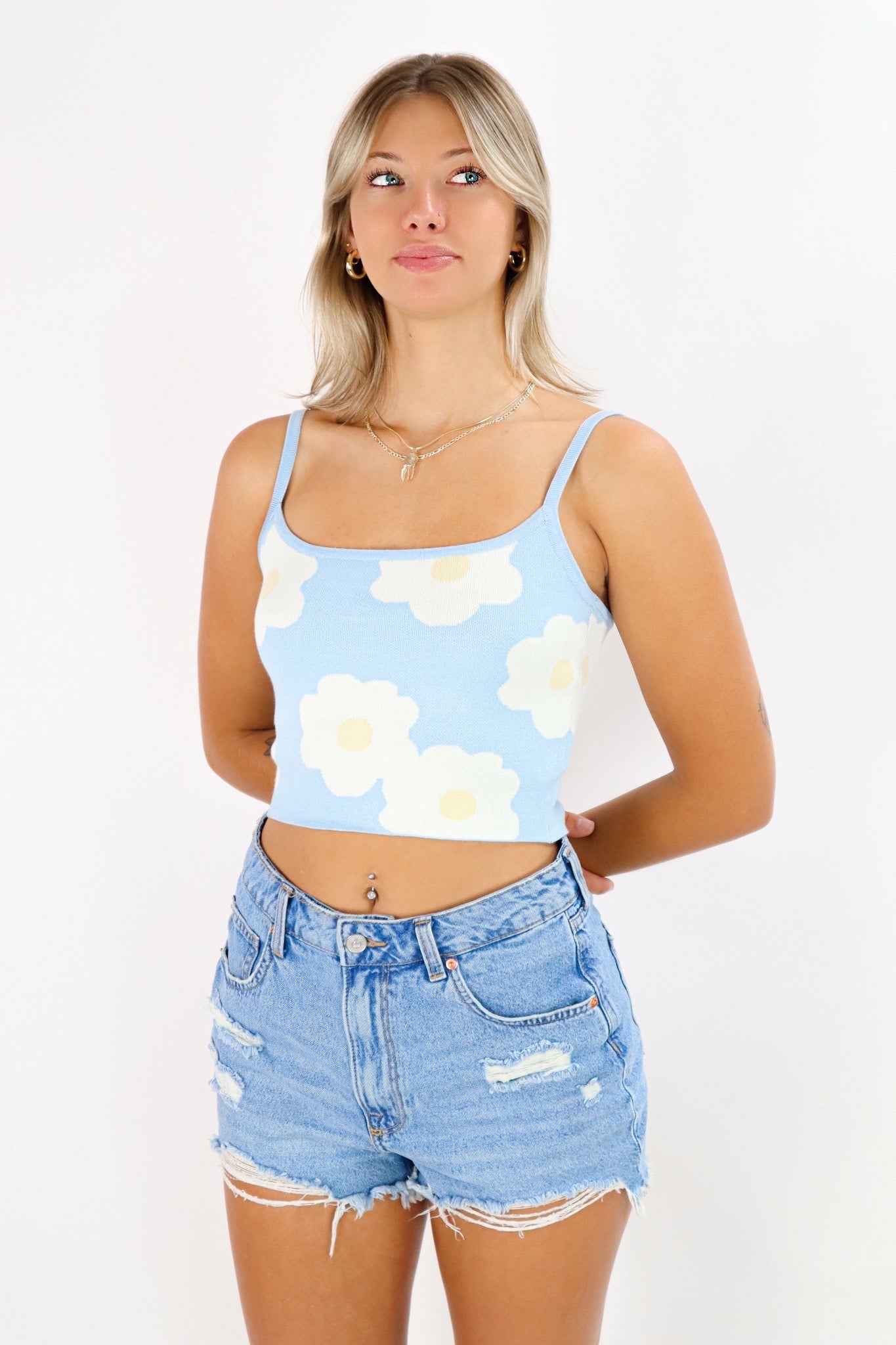 Flower Fields Tank (Dusty Blue) - Chicken Babe Boutique